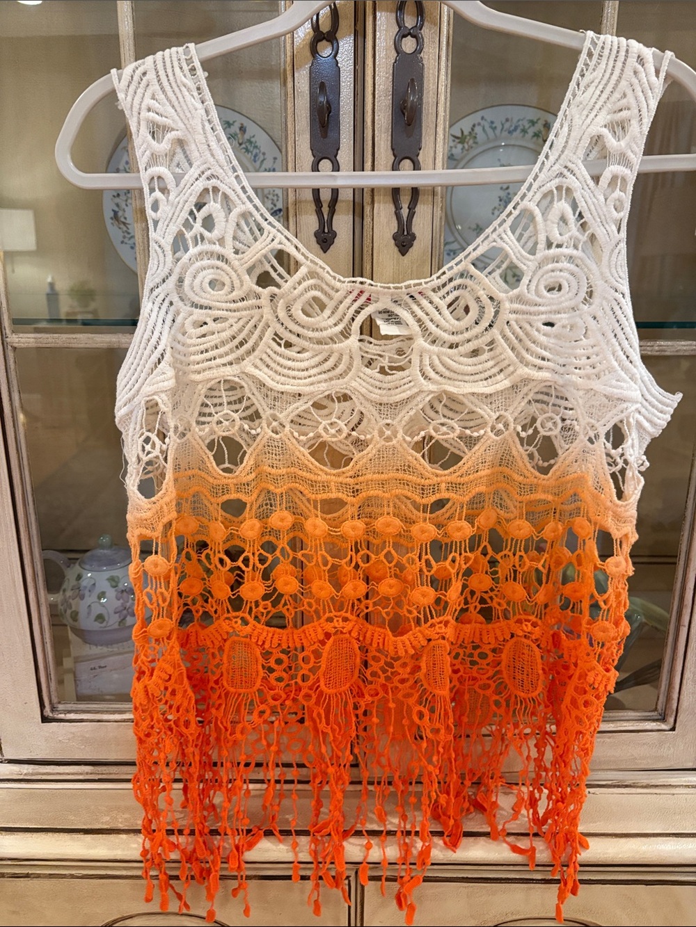 100% Cotton Crochet Fringe Ombre Tank Top - White to Orange - Picture 3 of 3